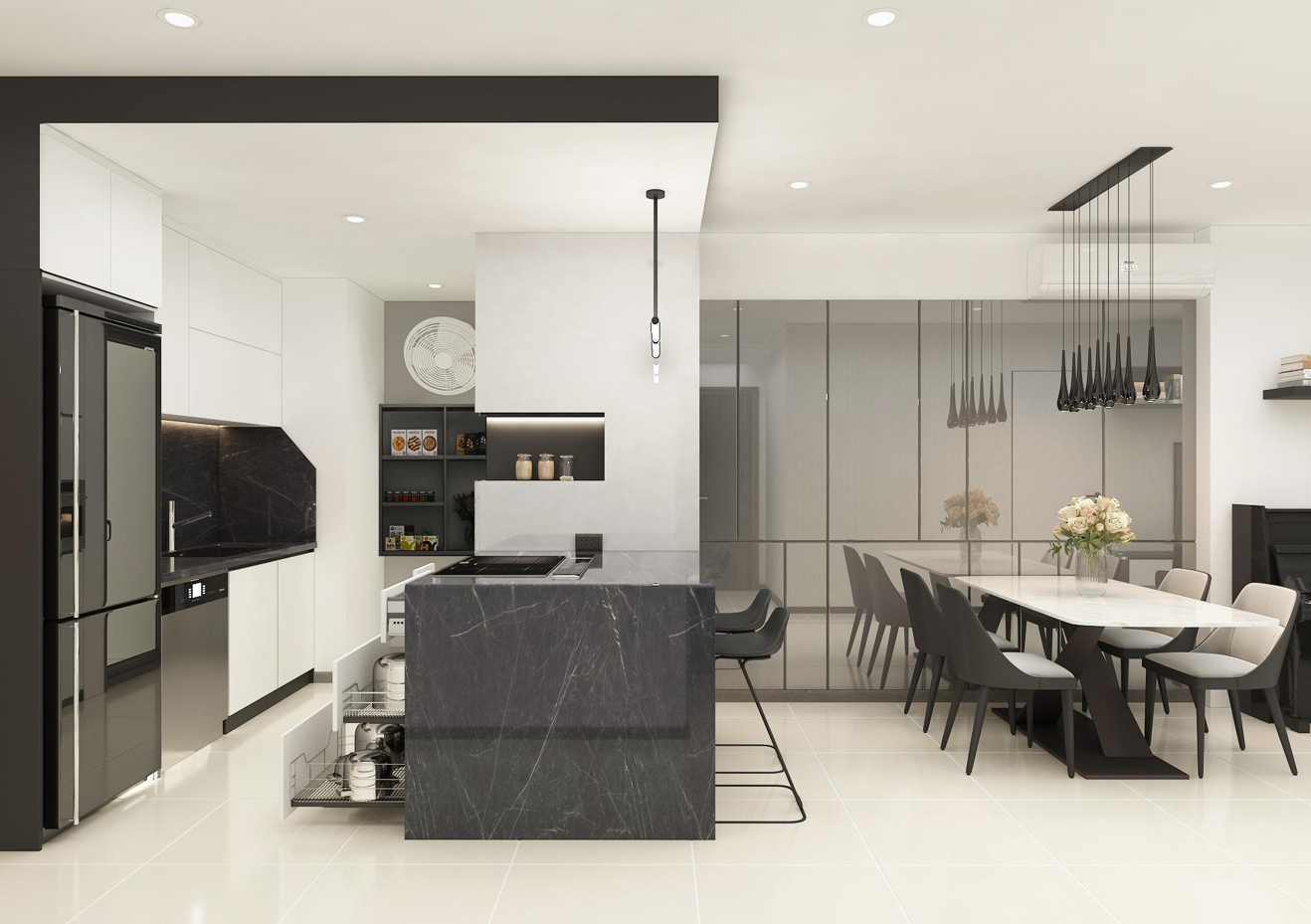 thiết kế nội thất căn hộ chung cư 70m2 - phòng bếp Hà Đô